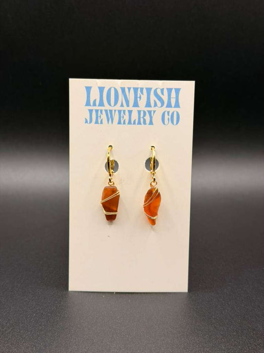 Gold Huggies with Brown Seaglass