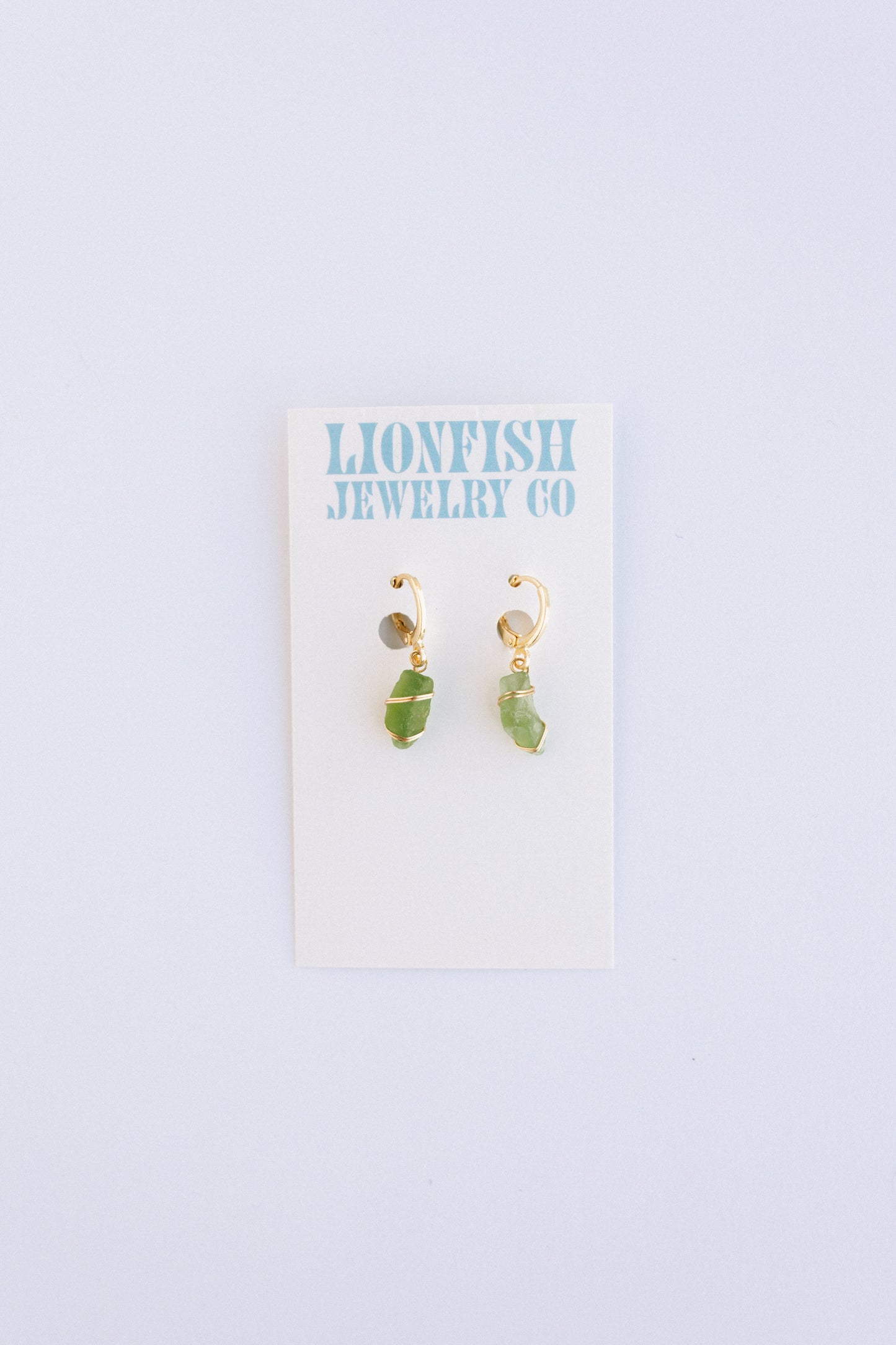Gold Huggie Hoops with Green Glass