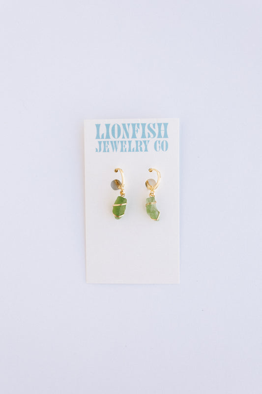 Gold Huggie Hoops with Green Glass