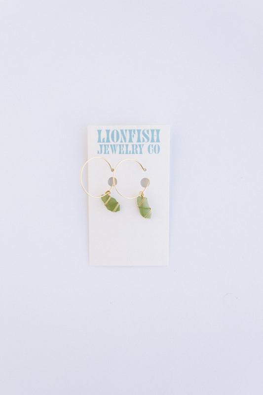 Gold Large Hoops with Green Glass