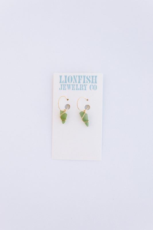 Gold Medium Hoops with Green Glass