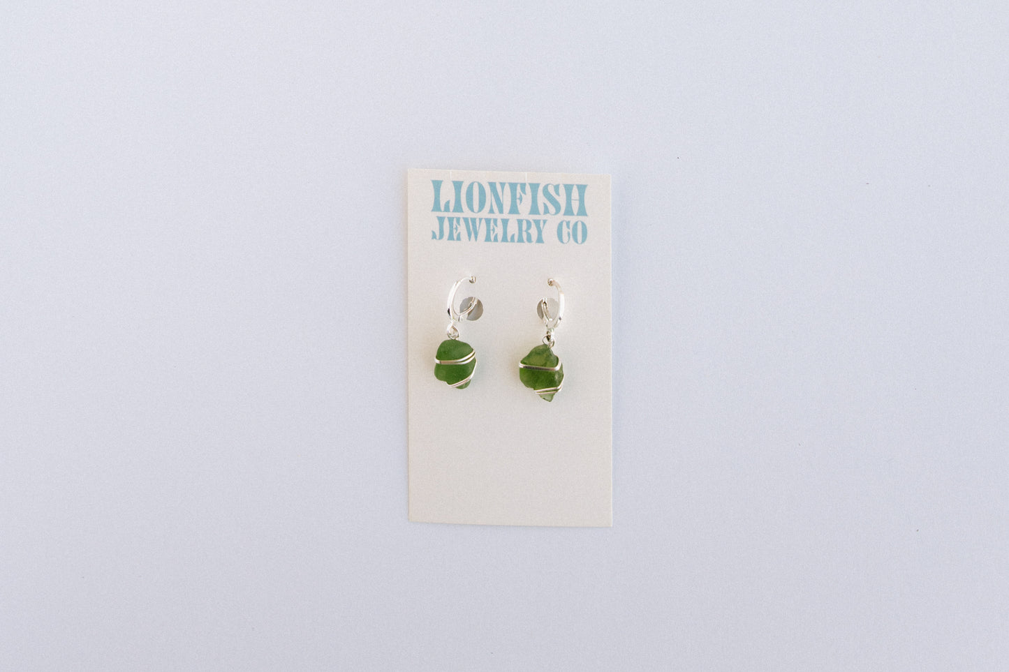 Silver Huggie Hoops with Green Glass
