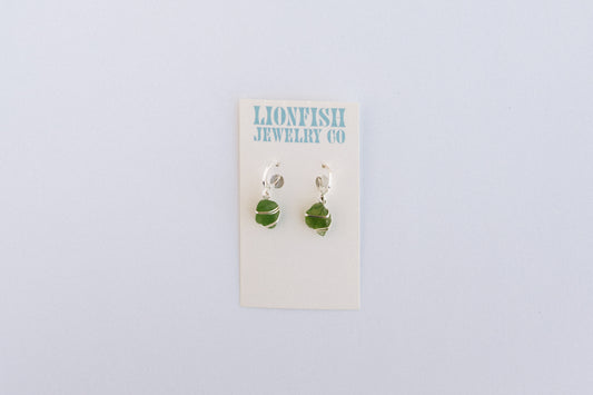 Silver Huggie Hoops with Green Glass