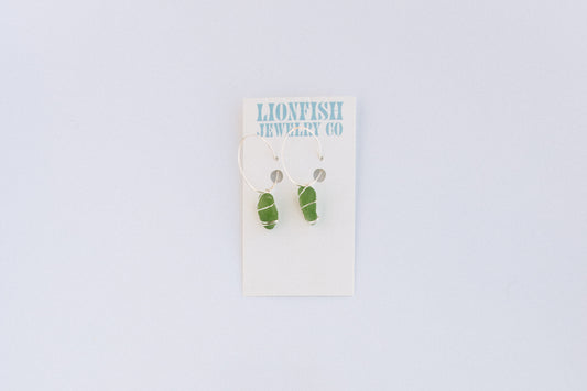 Silver Large Hoops with Green Glass