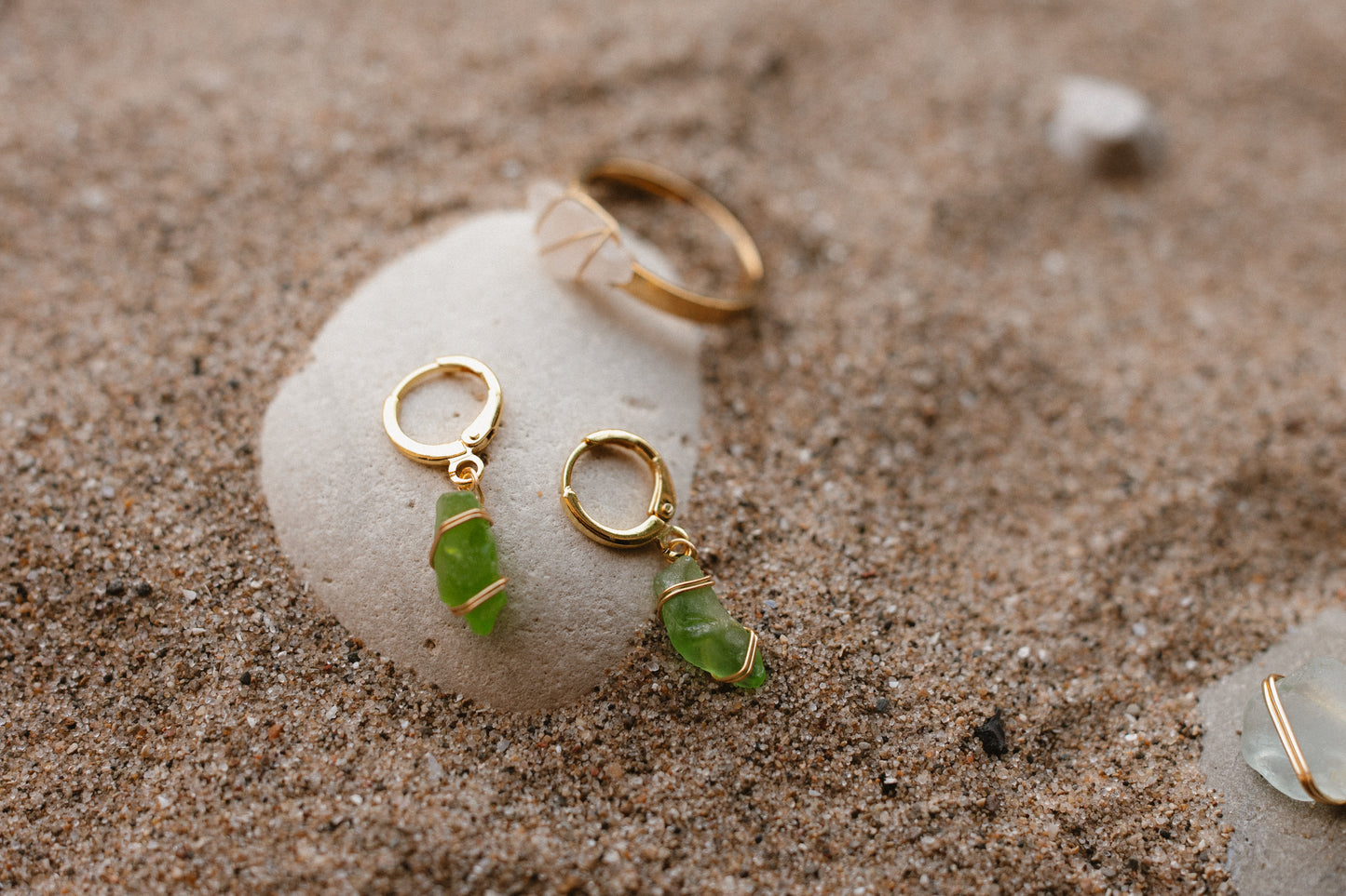Gold Huggie Hoops with Green Glass