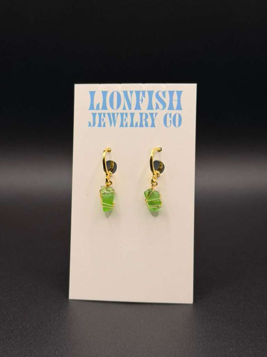 Gold Huggies with Green Glass